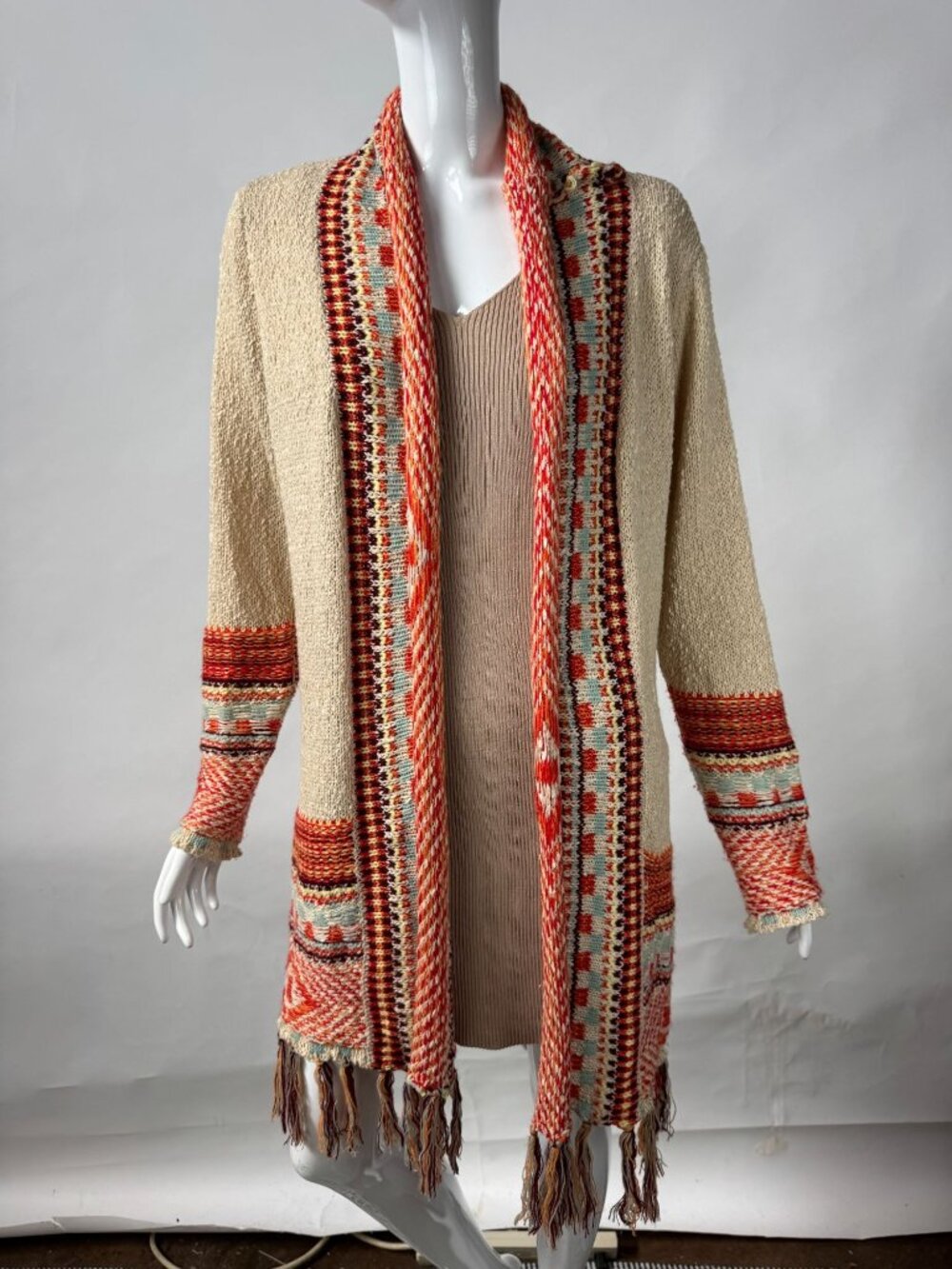 Adora Boho Fringe Knit Cardigan Sweater Multicolor Tribal Pattern Open Front Wom